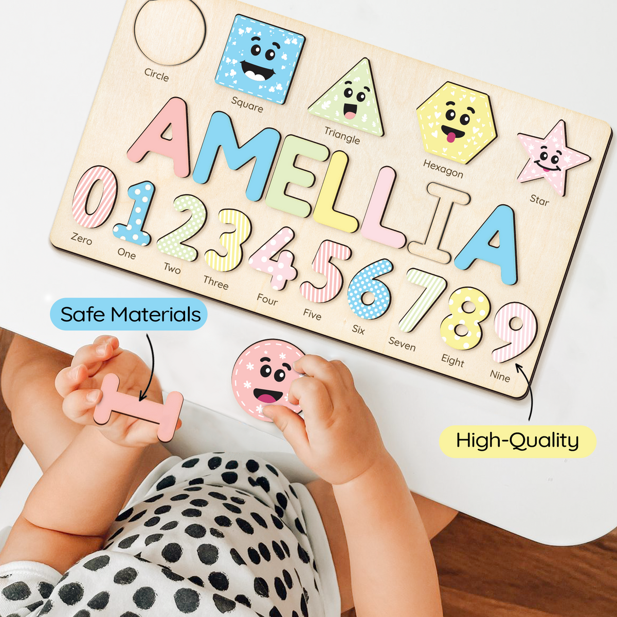 Personalized Wooden Shaped &amp; Numbers Name Puzzle, Gifts For 1 2 3 Year Old, Wooden Name Puzzle For Kids, Montessori Toys | Kindly Toys NP20