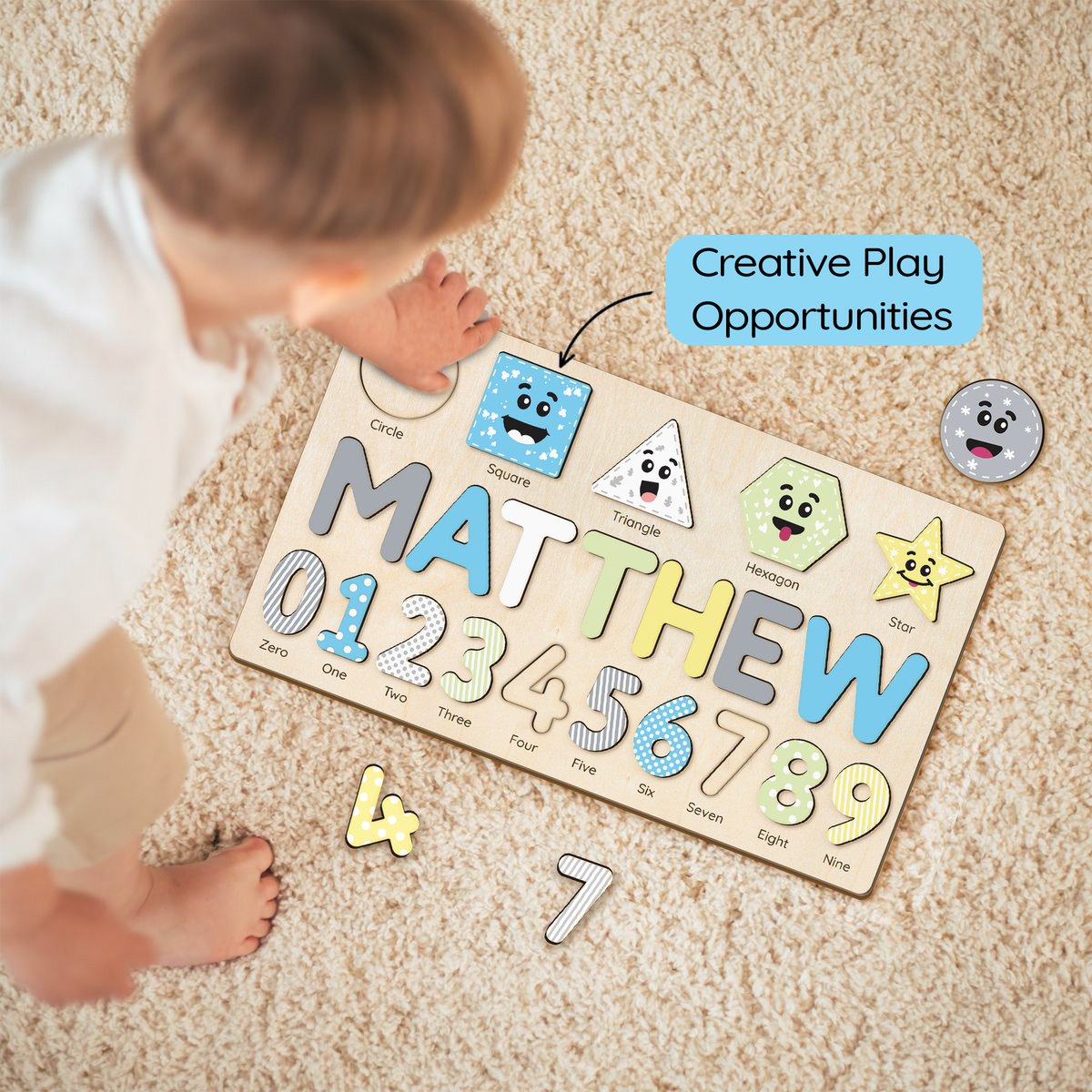 Personalized Wooden Shaped &amp; Numbers Name Puzzle, Gifts For 1 2 3 Year Old, Wooden Name Puzzle For Kids, Montessori Toys | Kindly Toys NP20