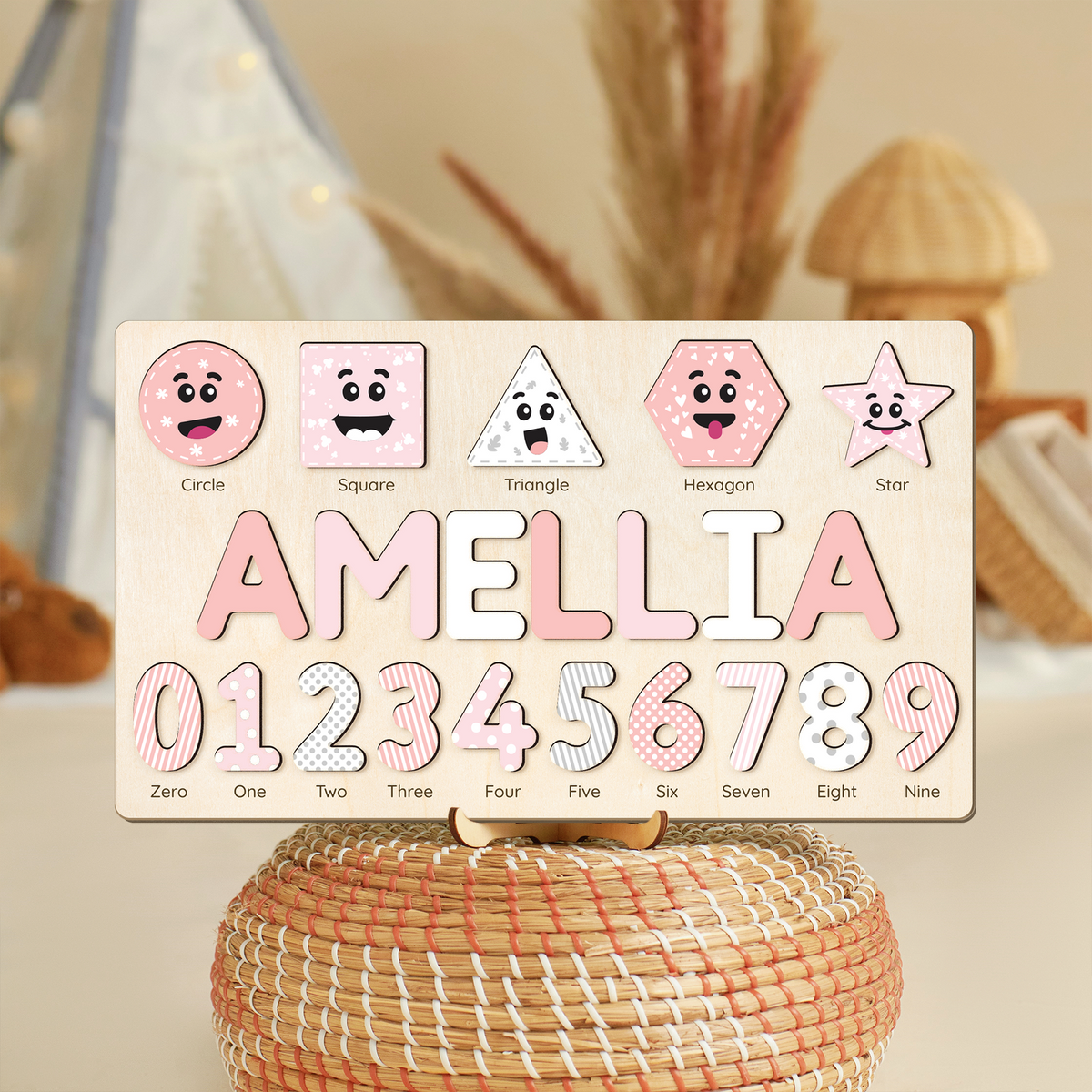 Personalized Wooden Shaped &amp; Numbers Name Puzzle, Gifts For 1 2 3 Year Old, Wooden Name Puzzle For Kids, Montessori Toys | Kindly Toys NP20