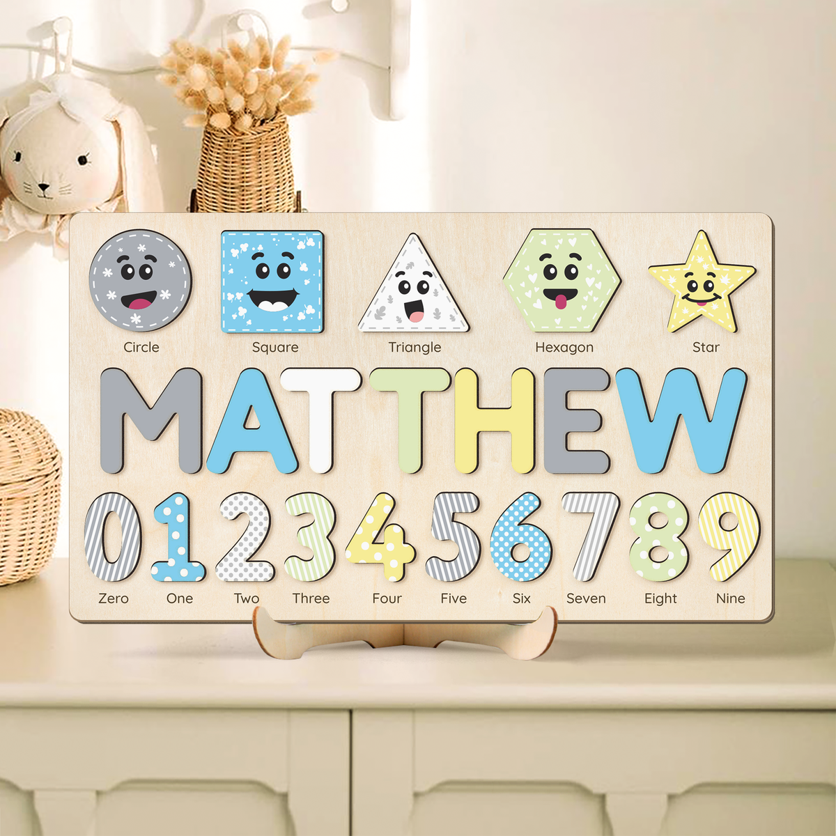 Personalized Wooden Shaped &amp; Numbers Name Puzzle, Gifts For 1 2 3 Year Old, Wooden Name Puzzle For Kids, Montessori Toys | Kindly Toys NP20