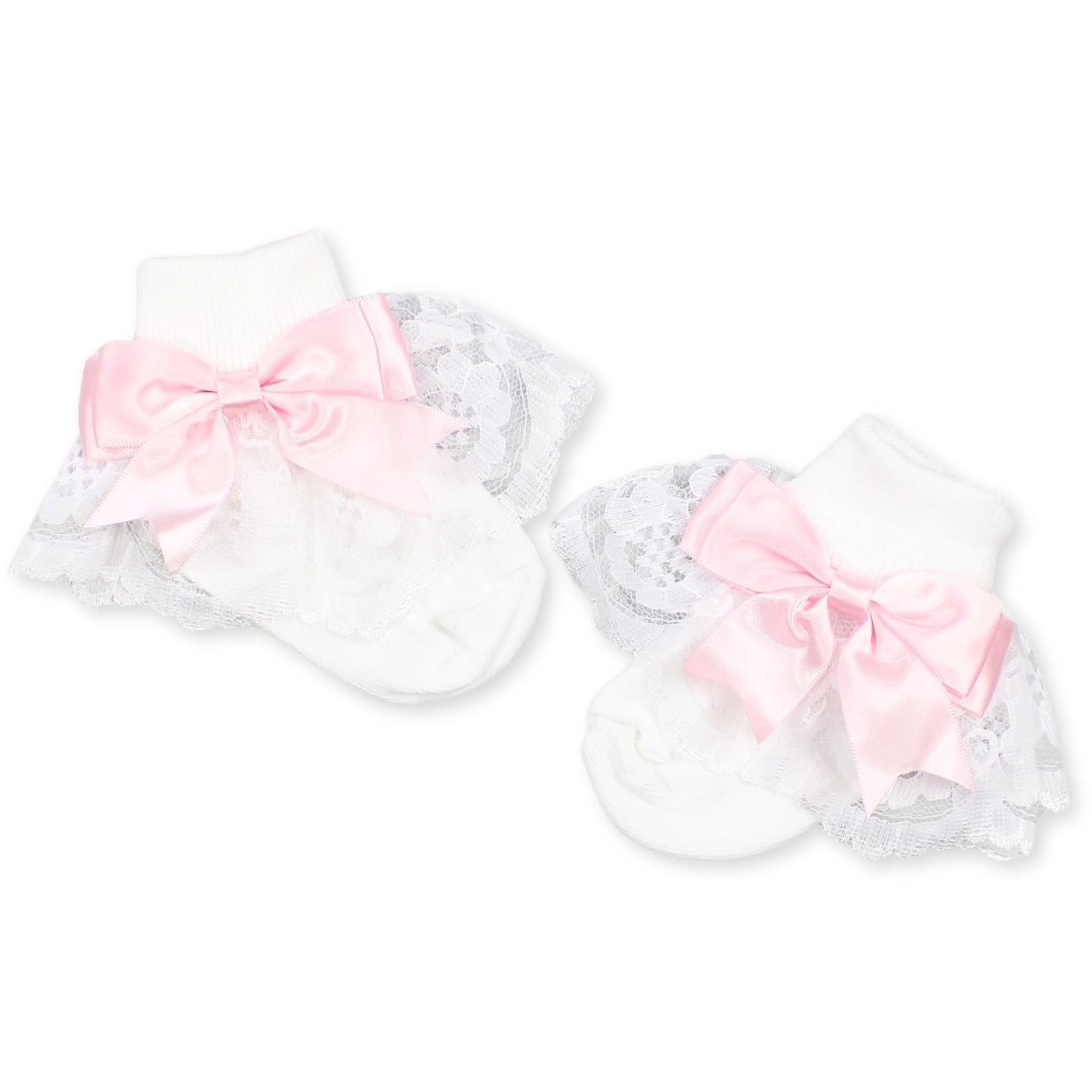 Baby Girl Fancy Lace Satin Pink Bow White Ankle Socks