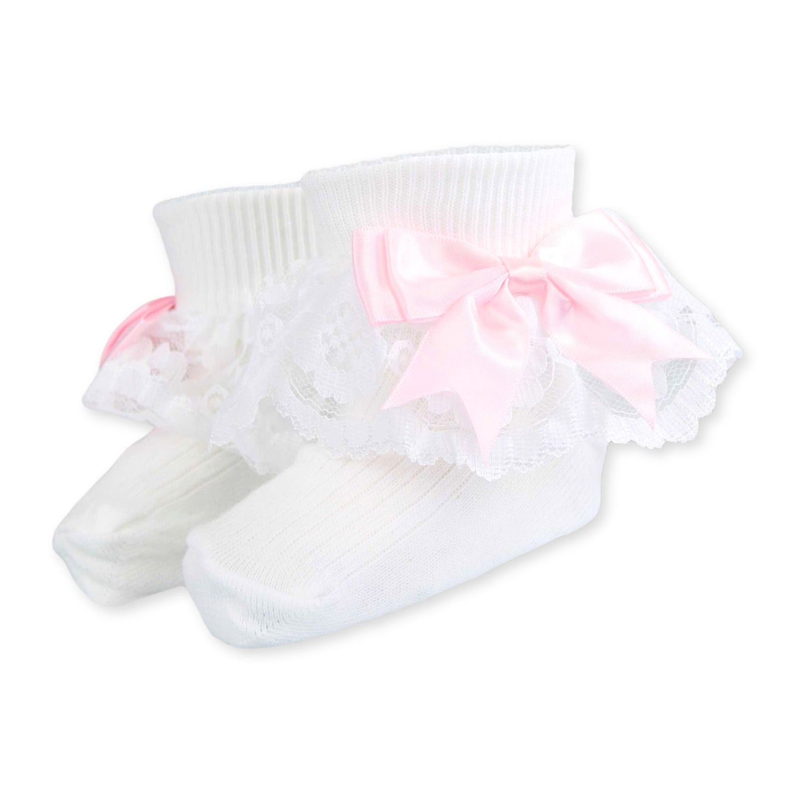 Baby Girl Fancy Lace Satin Pink Bow White Ankle Socks