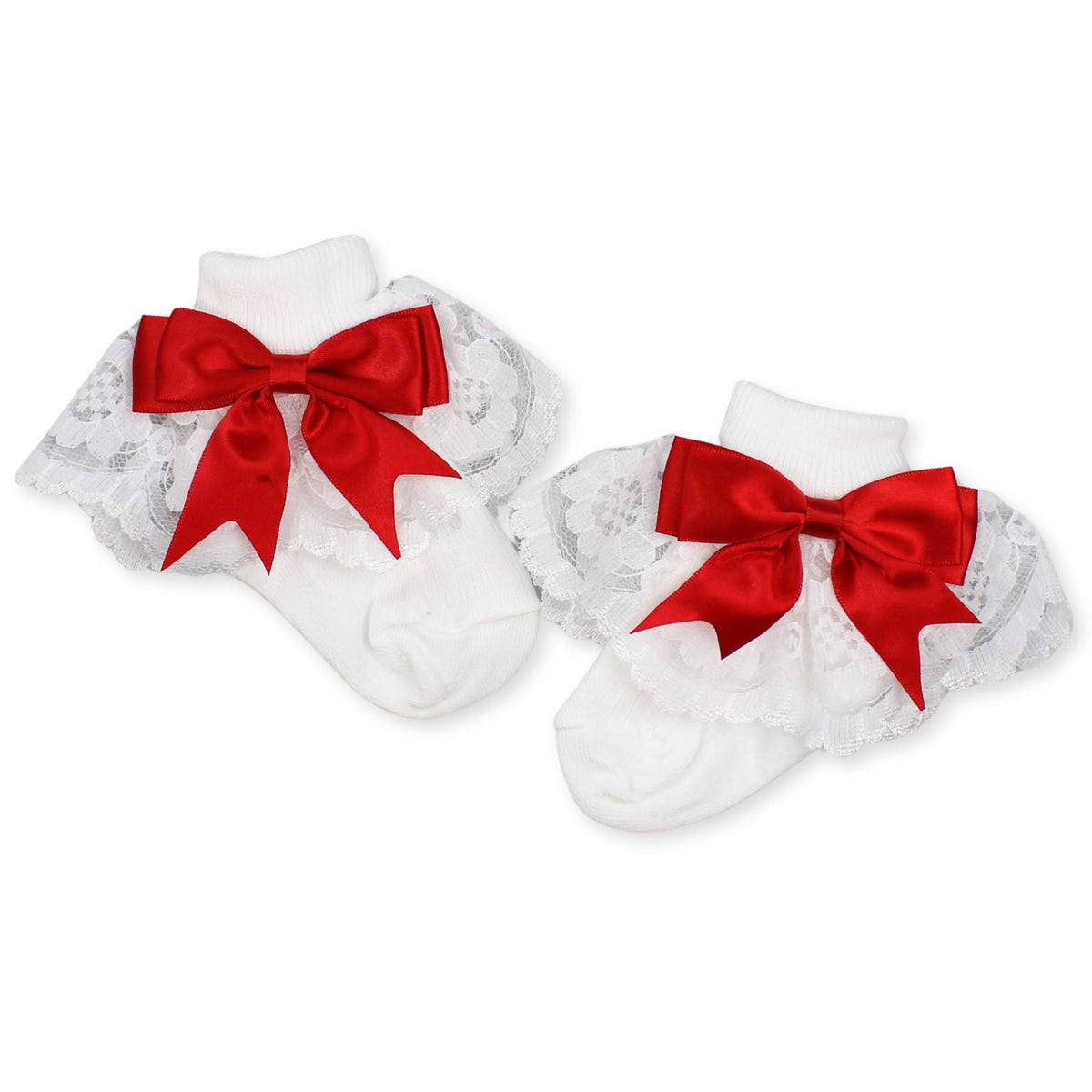 Baby Girl Fancy Lace Satin Red Bow White Ankle Socks