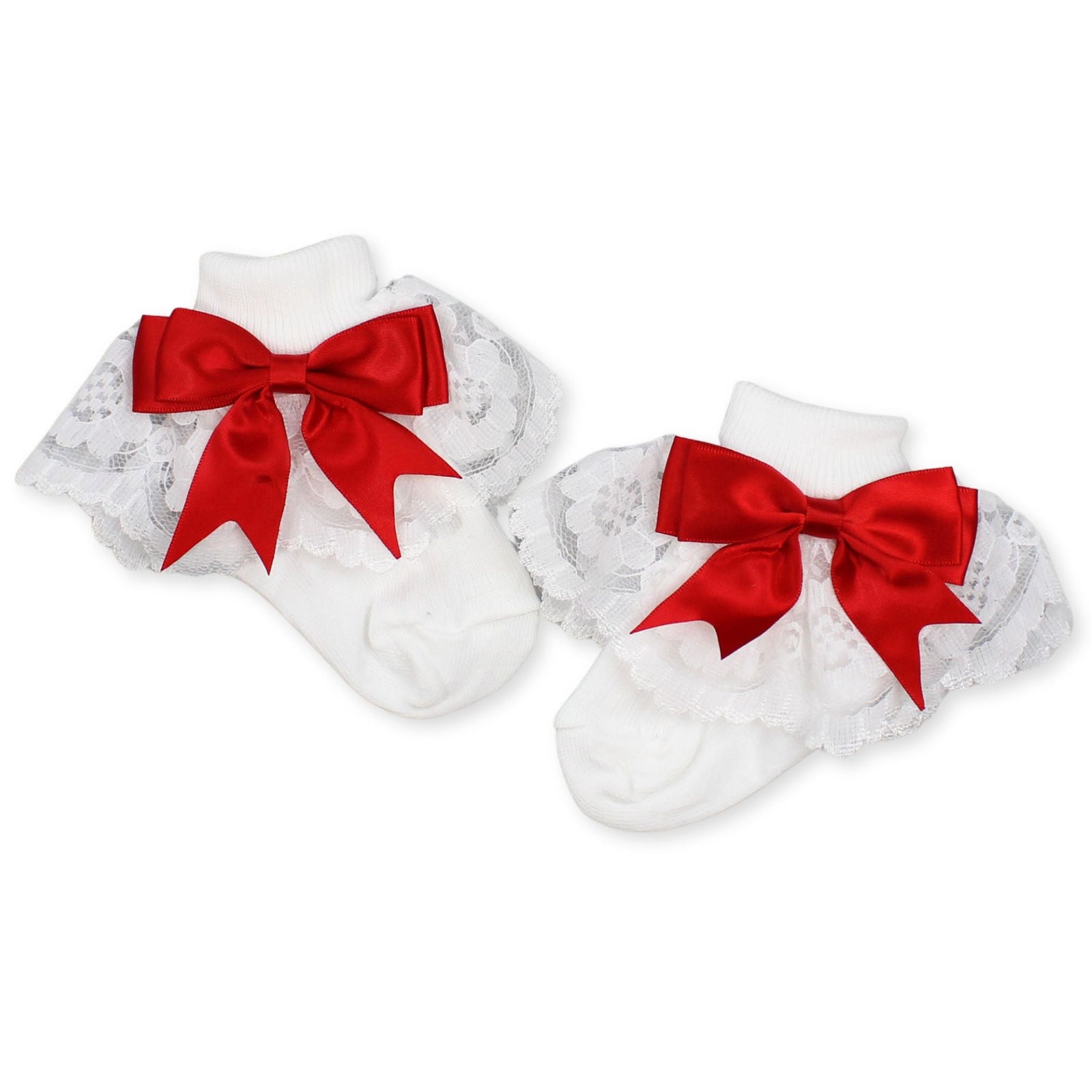 Baby Girl Fancy Lace Satin Red Bow White Ankle Socks
