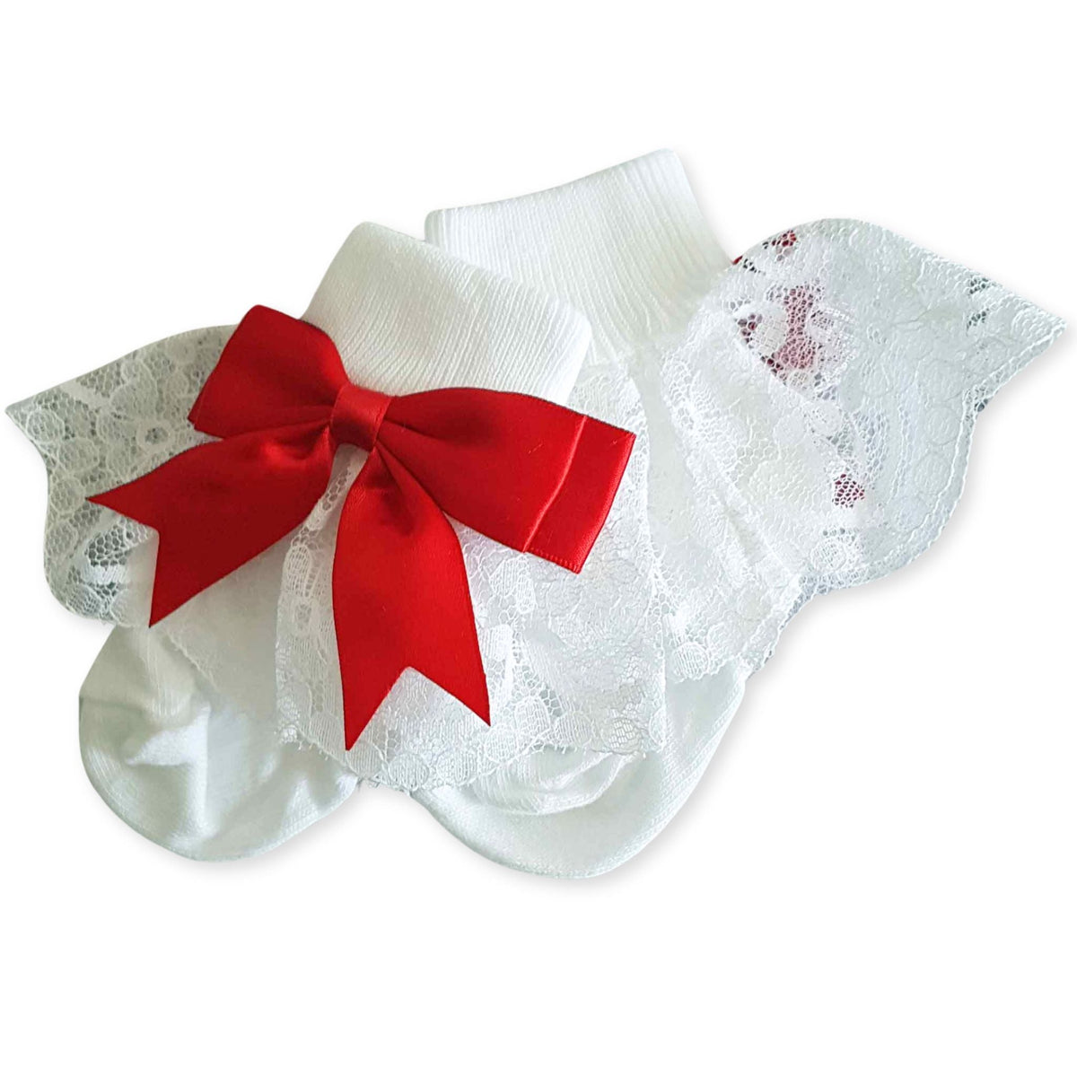 Baby Girl Fancy Lace Satin Red Bow White Ankle Socks
