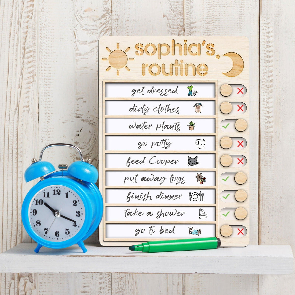 Wooden Routine Chart with 150+ Stickers, Morning and Bedtime Chore Chart PR01