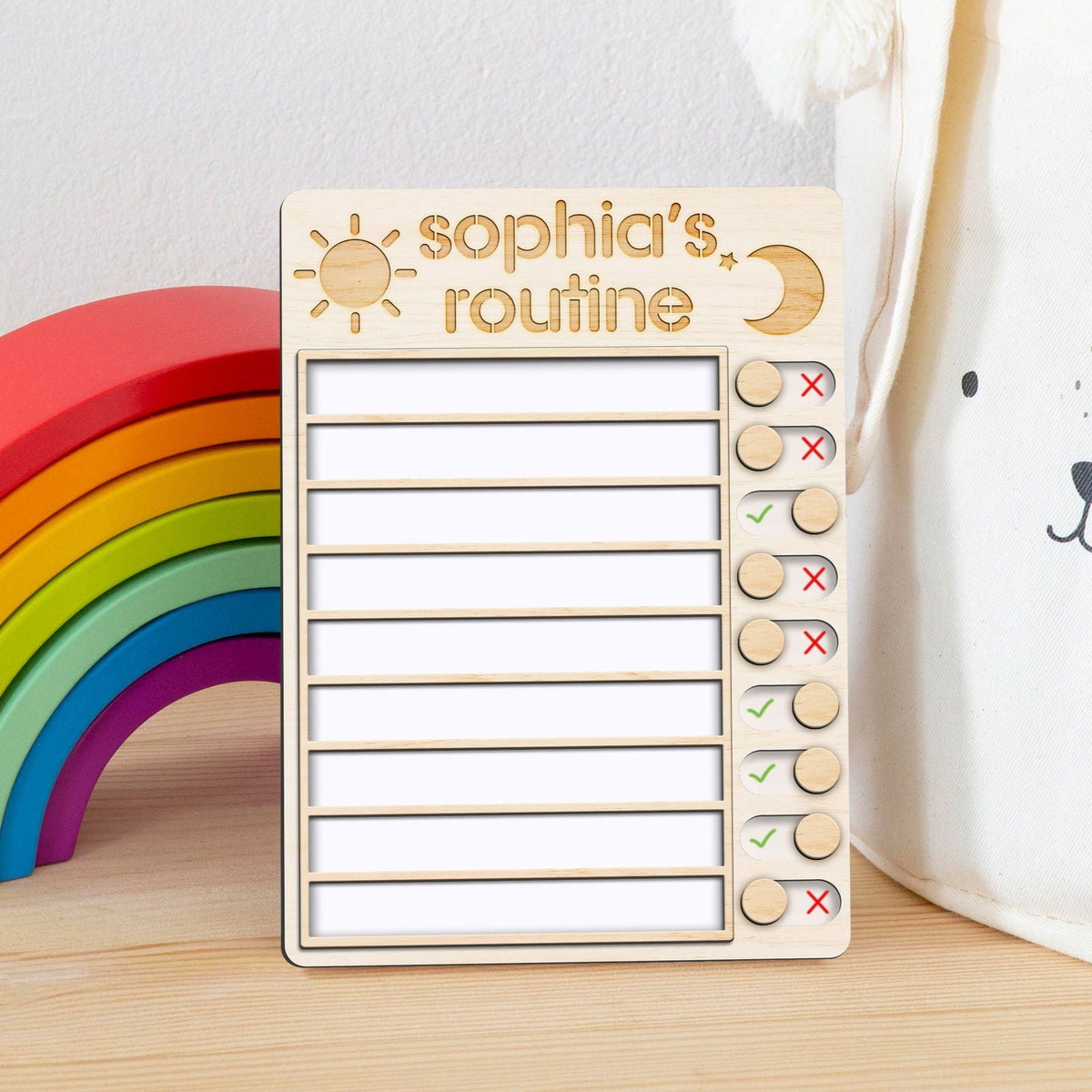 Wooden Routine Chart with 150+ Stickers, Morning and Bedtime Chore Chart PR01