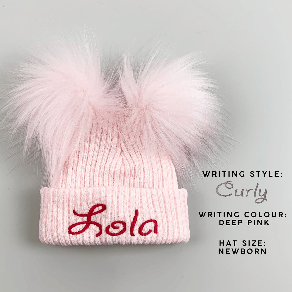 Personalised Baby Pom Hat – Pastel Pink Double Pom | Newborn &amp; 0–6 Months