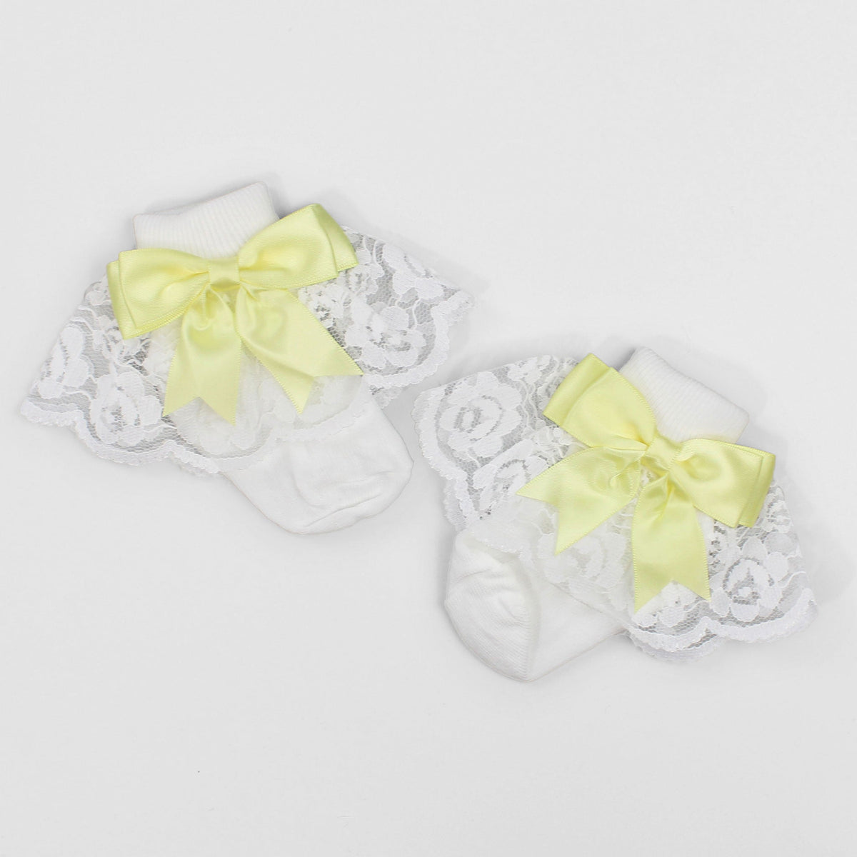 Baby Girl Fancy Lace Satin Yellow Bow | White Ankle Socks