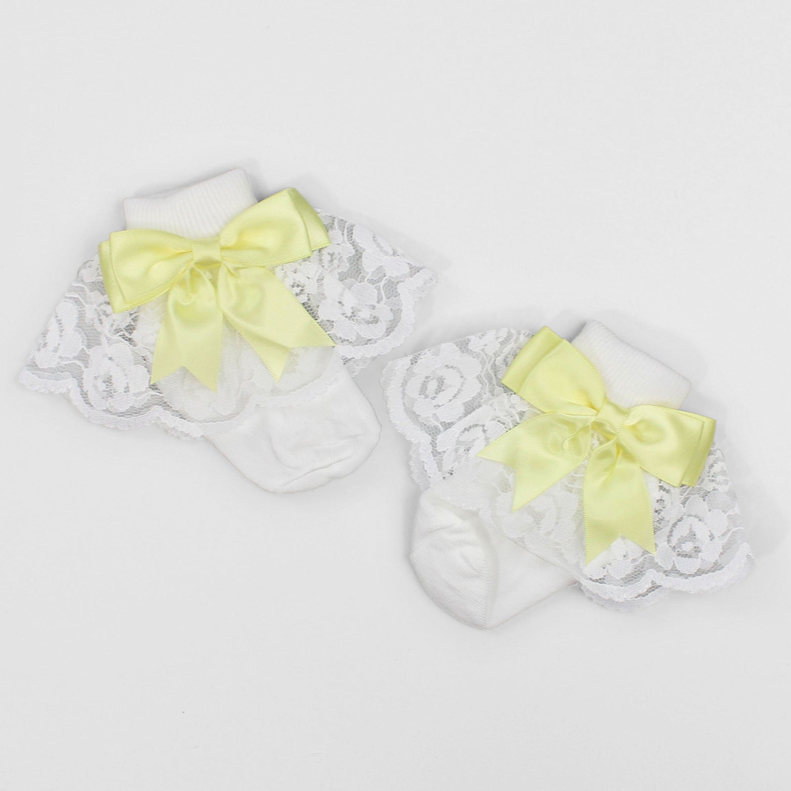 Baby Girl Fancy Lace Satin Yellow Bow | White Ankle Socks