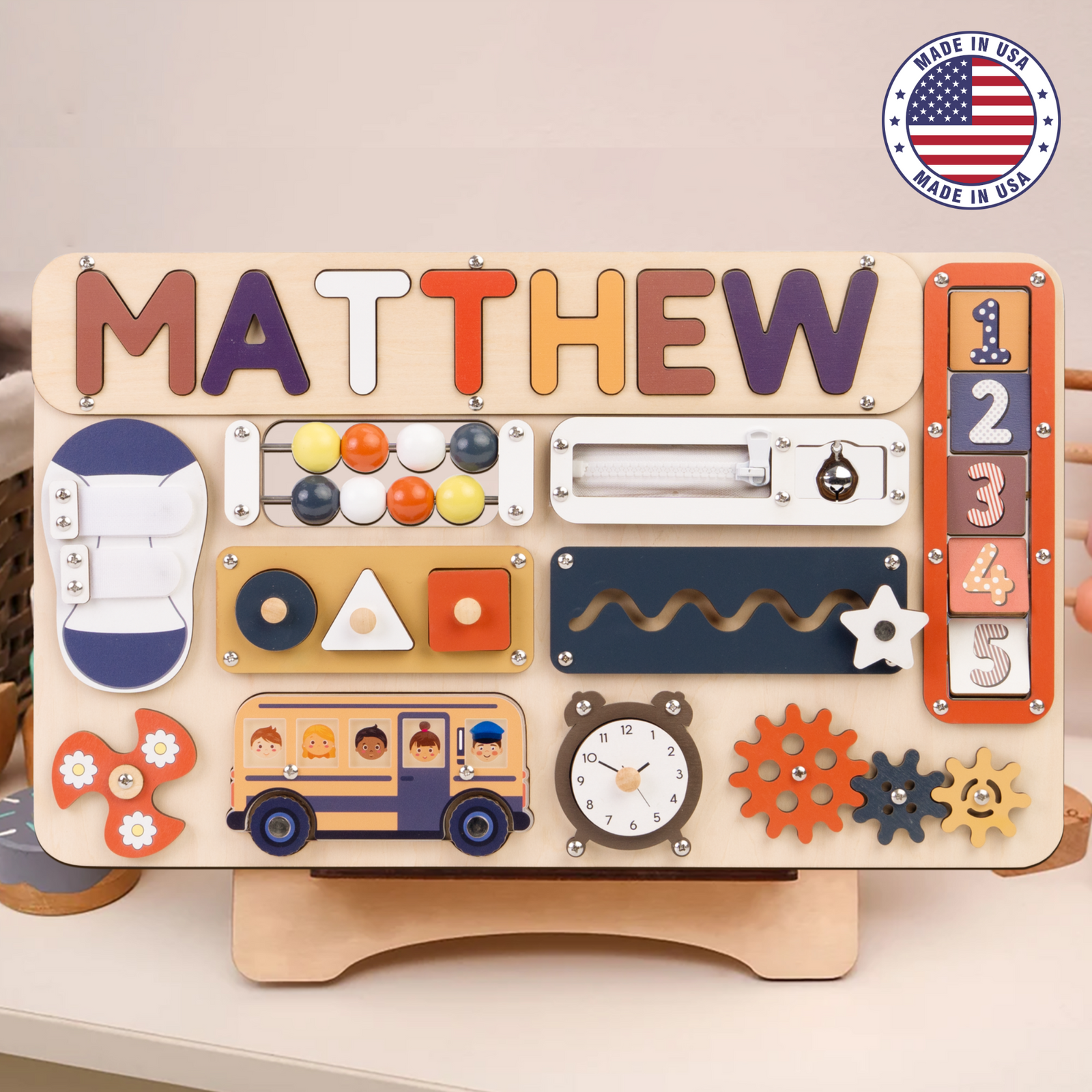 Montessori Busy Board for Toddlers With Roating Numbers BB55 (Made in USA)