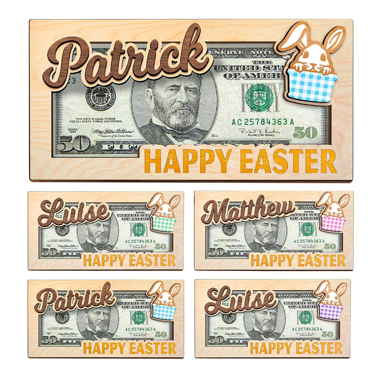 Personalized Easter Bunny Money Holder, Wooden Easter Gifts Idea For Kids MH04