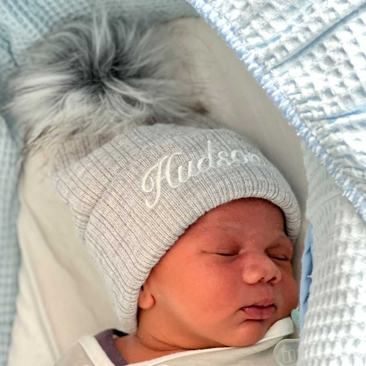 Personalised Baby Hat - Grey Pom Pom Hat