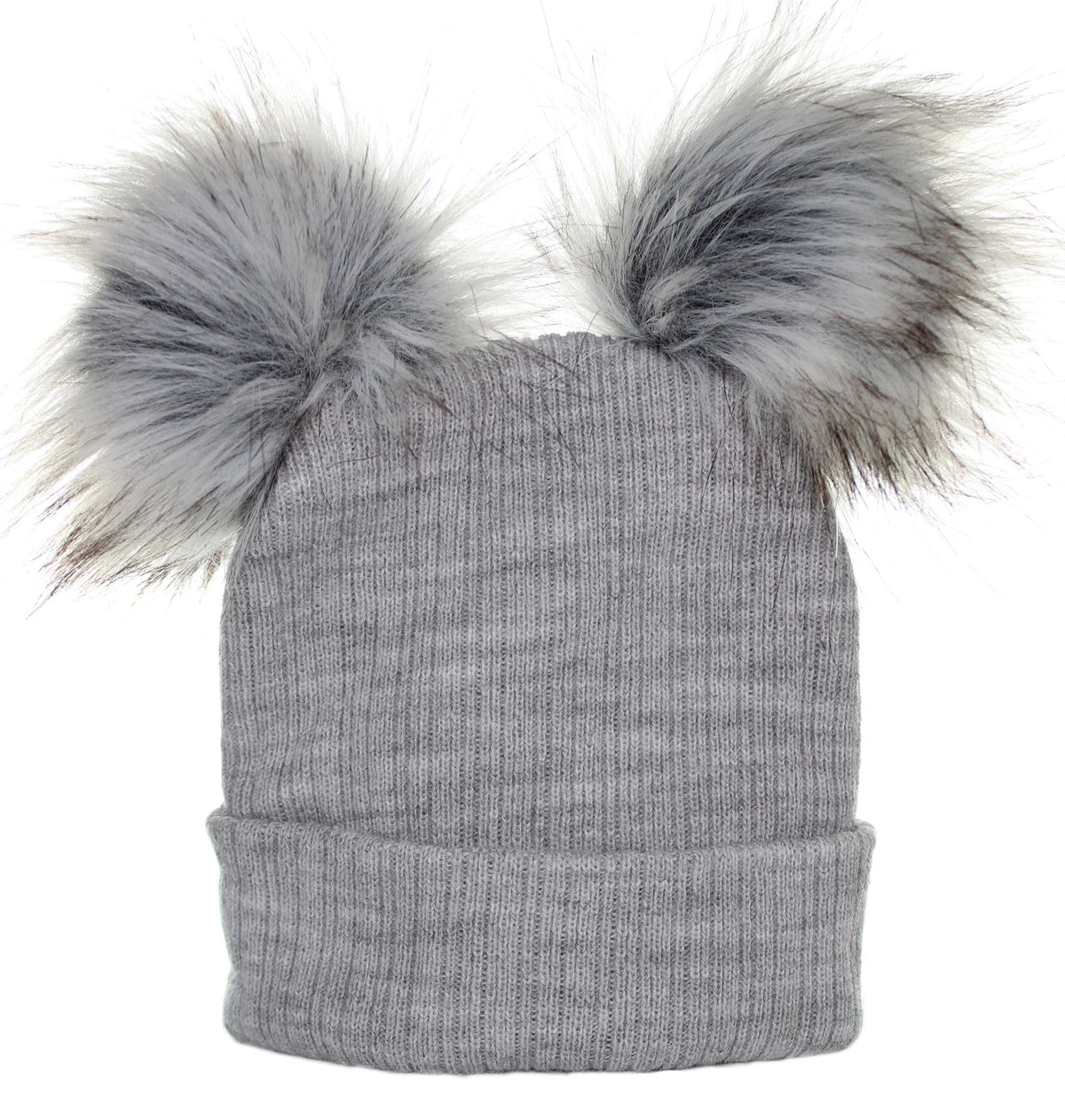 Baby Grey Double Pom Pom Hat – Knitted Faux Fur