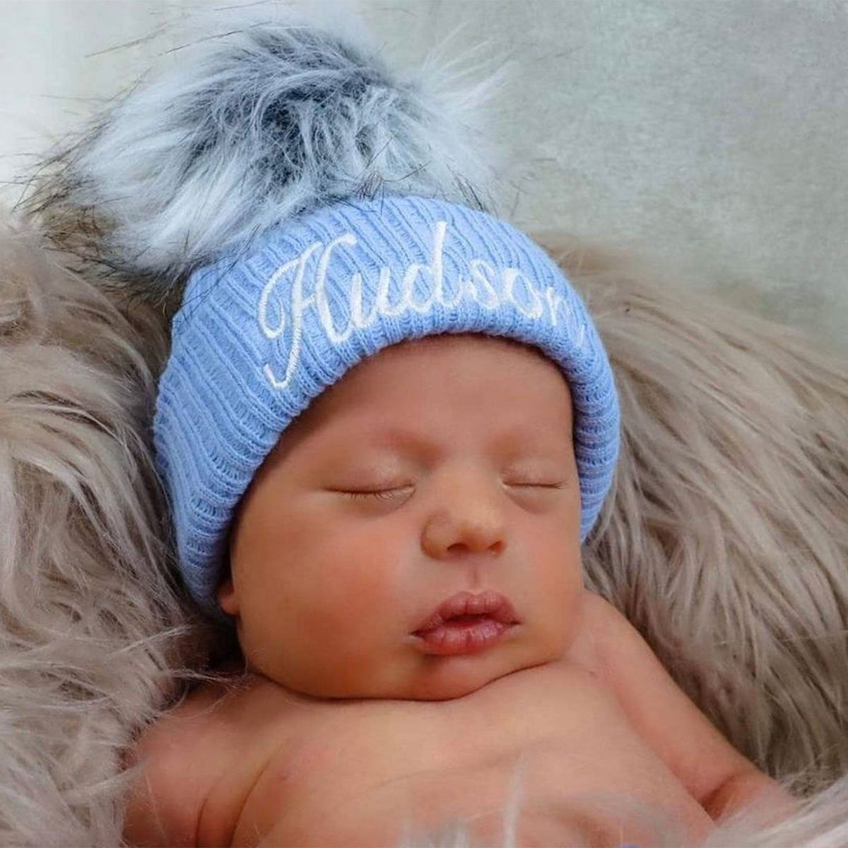 Personalised Baby Blue Hat with Faux Fur Pom Pom | Newborn &amp; 0–6 Months