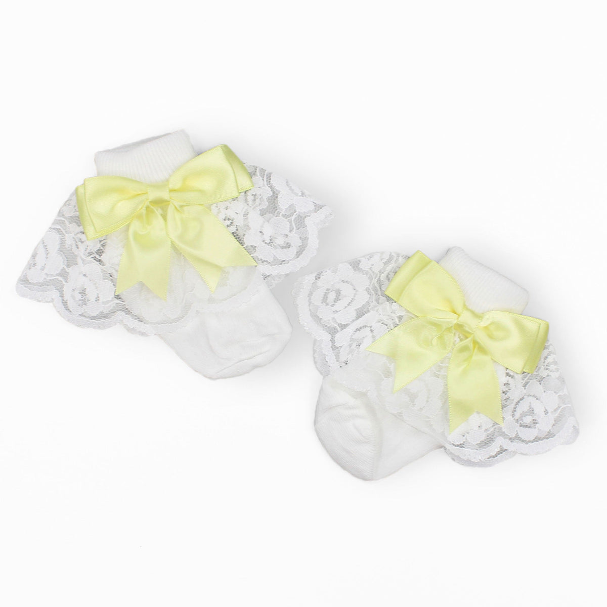 Baby Girl Fancy Lace Satin Yellow Bow | White Ankle Socks