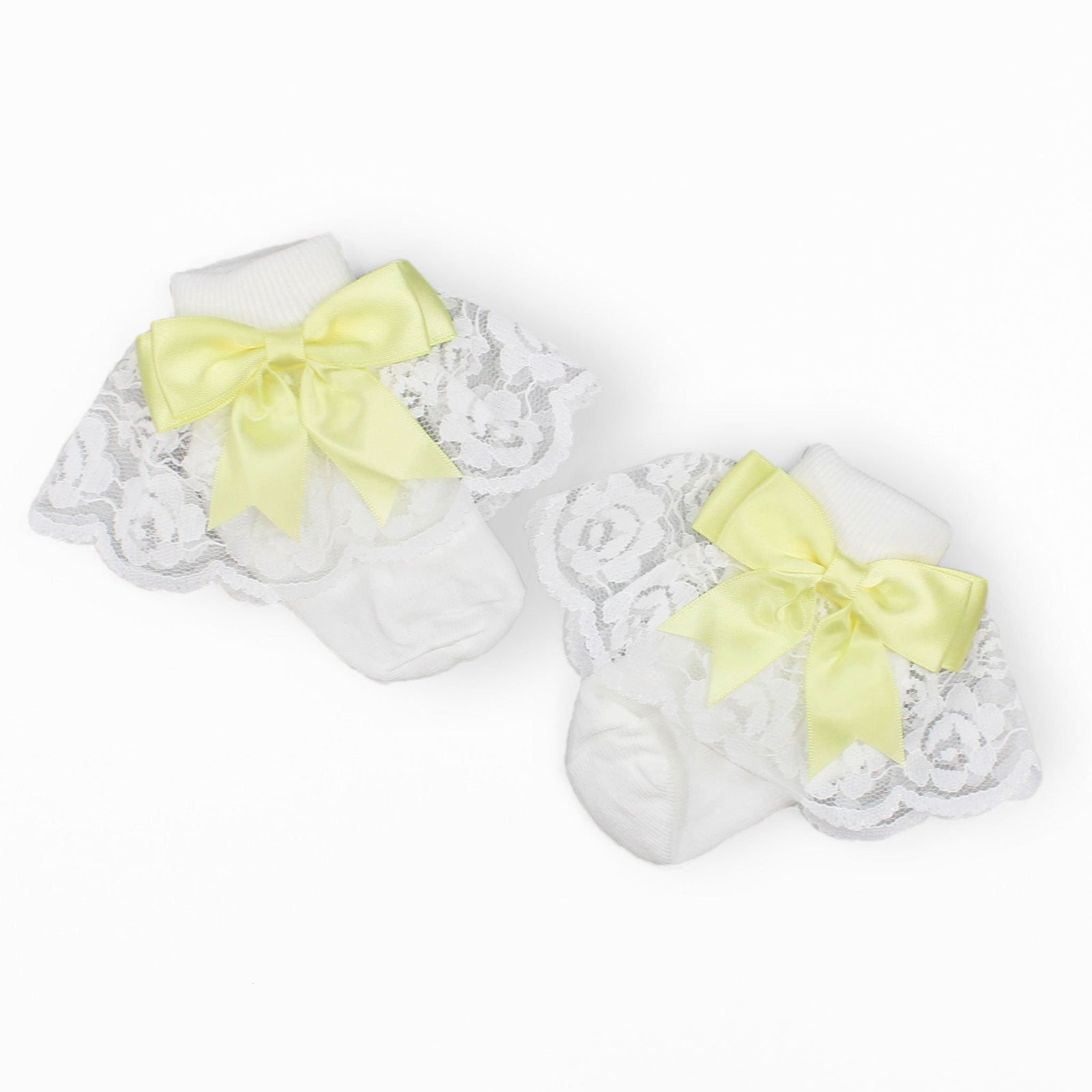 Baby Girl Fancy Lace Satin Yellow Bow | White Ankle Socks
