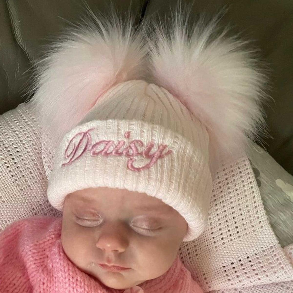 Personalised Baby Pom Hat – Pastel Pink Double Pom | Newborn &amp; 0–6 Months