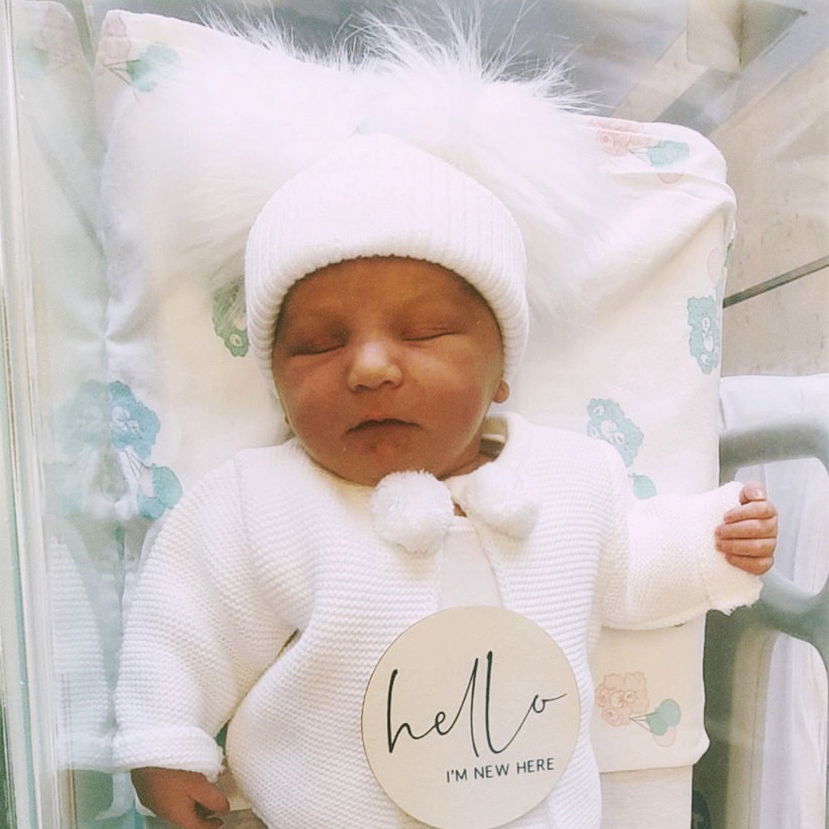 Baby Double Pom Hat – White | Unisex | Newborn &amp; 0–6 Months