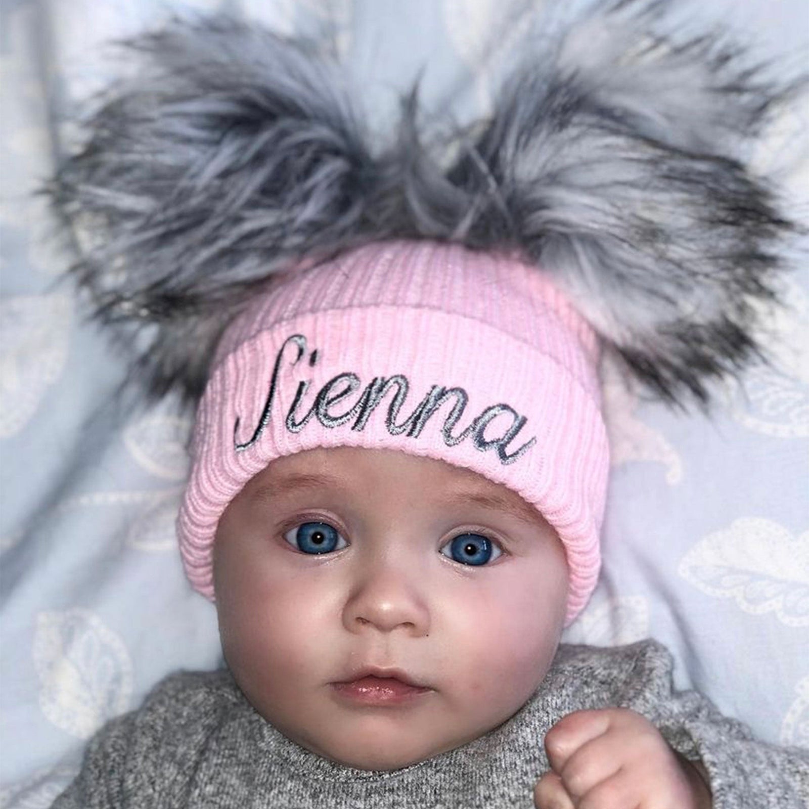 Personalised Pink Baby Girl Pom Hat with Two Grey Poms – Embroidered Name