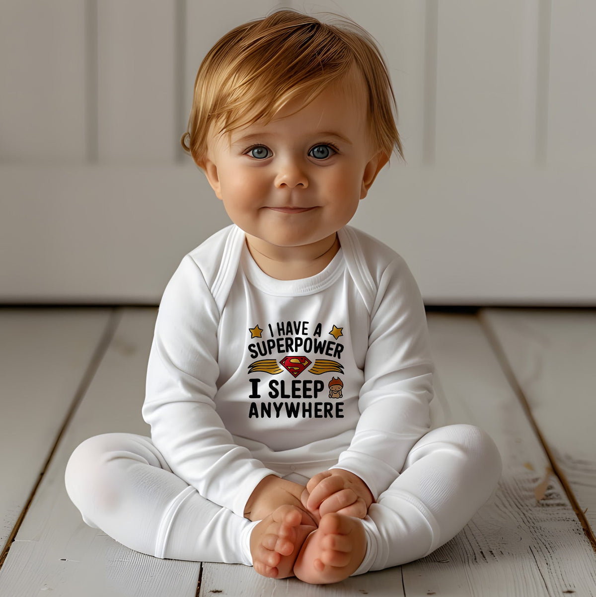 "I have a superpower I sleep anywhere" Baby Long-Sleeve Organic Bodysuit