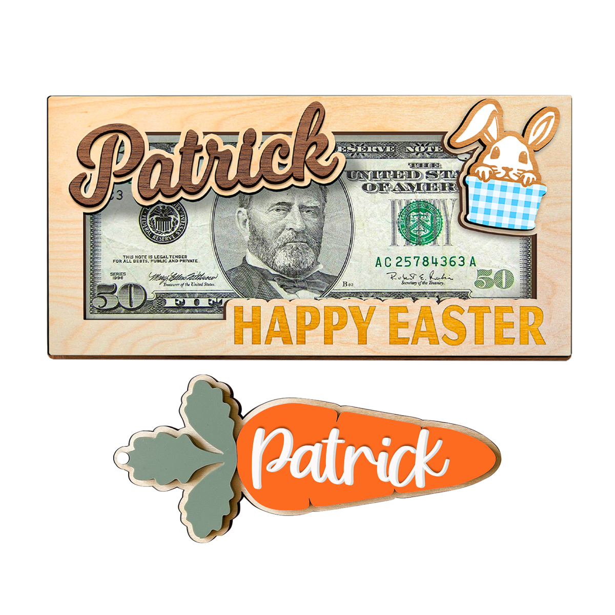 Personalized Easter Bunny Money Holder, Wooden Easter Gifts Idea For Kids MH04