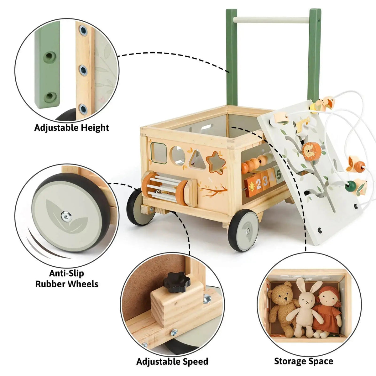 Adjustable Wooden Baby Push Walker for Toddlers